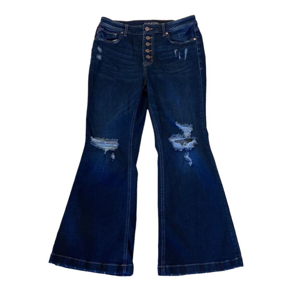 Maurices Women’s High Rise Flare Distressed Button Up Jeans Size 14